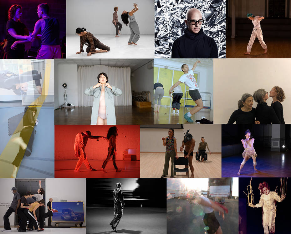 Top row L to R: Julie Mayo by Maria Baranova; Cayleen Del Rosario by Eylse Mertz; Stephen Petronio by Sarah Silver; Mina Nishimura by Rachel Keane. Second Row: Ella Dawn W-S courtesy of the artist; Tess Dworman by Amelia Golden; Savannah Lyons Anthony in Alexa West’s Procession photo by Val Karuskevich; Emily Coates, Emmanuèle Phuon, Irene Hultman in Yvonne's Dream photo by Pascal Lemaitre. Third row: Jon Kinzel & Priscilla Marrero in Queens Terminus photo by Brian Rogers; Patricia Hoffbauer and performers by Bryan Fox; Nami Yamamoto by Wolfgang Daniel. Bottom Row: Yvonne Rainer's The Concept of Dust, or How do you look when there's nothing left to move? Digital Image © 2015 MoMA, N.Y.; Valley Wanderer in Cristina Caprioli's DEADLOCK photo by Thomas Zamolo; Josie Bettman by Zhi Wei; Jennifer Monson in Cathy Weis' The Pupa photo by Sue Rees.