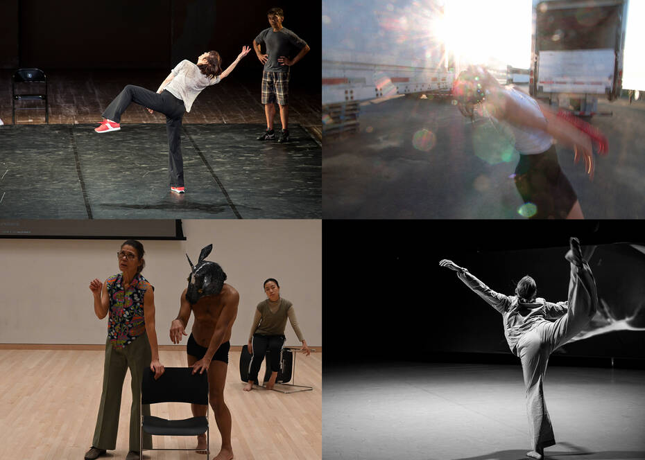 Images clockwise from top L: Patricia Hoffbauer performing in work by Yvonne Rainer, courtesy of the artist; Josie Bettman by Zhi Wei; Valley Wanderer in DEADLOCK by Cristina Caprioli photo by Thomas Zamolo; Patricia Hoffbauer and performers by Bryan Fox.