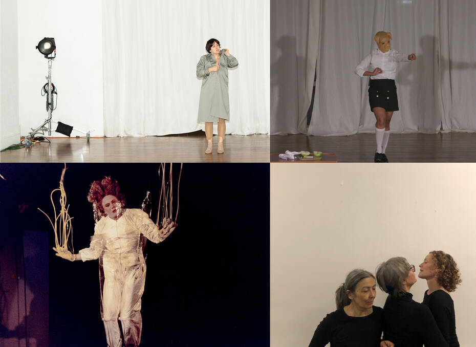 Images clockwise from top L: Tess Dworman by Amelia Golden; Savannah Lyons Anthony still from video captured by Kayhl Cooper; Yvonne's Dream by Pascal Lemaitre; Jennifer Monson in The Pupa by cw, image by Sue Rees.